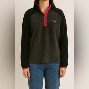 Columbia Fleece Pullover Gray Black Red Snap Front Size XL